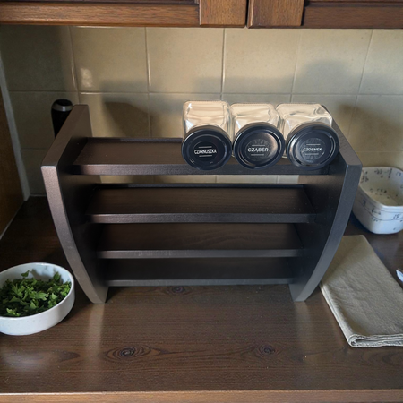 Drewniana półka na przyprawy bukowa 4-poziomowa – stojak na 20 słoiczków | Polski producent