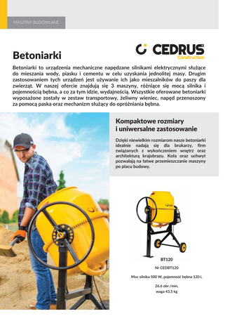 Betoniarka budowlana CED BT220 220L 850 W Cedrus Mieszalnik Mieszarka OGRODY Oficjalny dystrybutor Autoryzowany sklep i serwis Cedrus