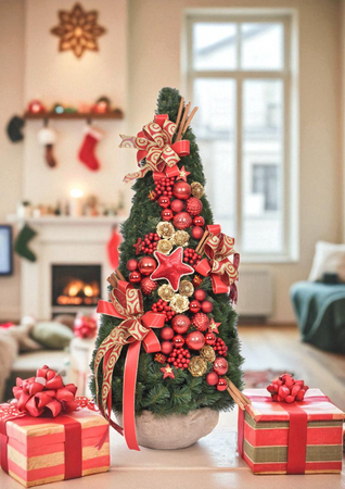 Choinka stożek Red 110 cm gotowa, ekskluzywna dekoracja świąteczna