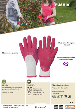 Rękawice fushia rękawiczki do róż, różowe rozm. 8